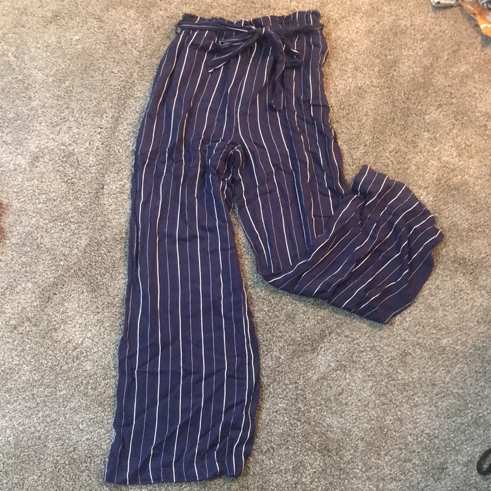 navy blue and white striped straight leg pants